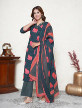 Bottle green hand block printed cotton suit